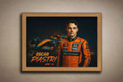Oscar Piastri framed sports art print featuring his McLaren F1 car in motion — a premium piece of man cave wall décor for racing fans.