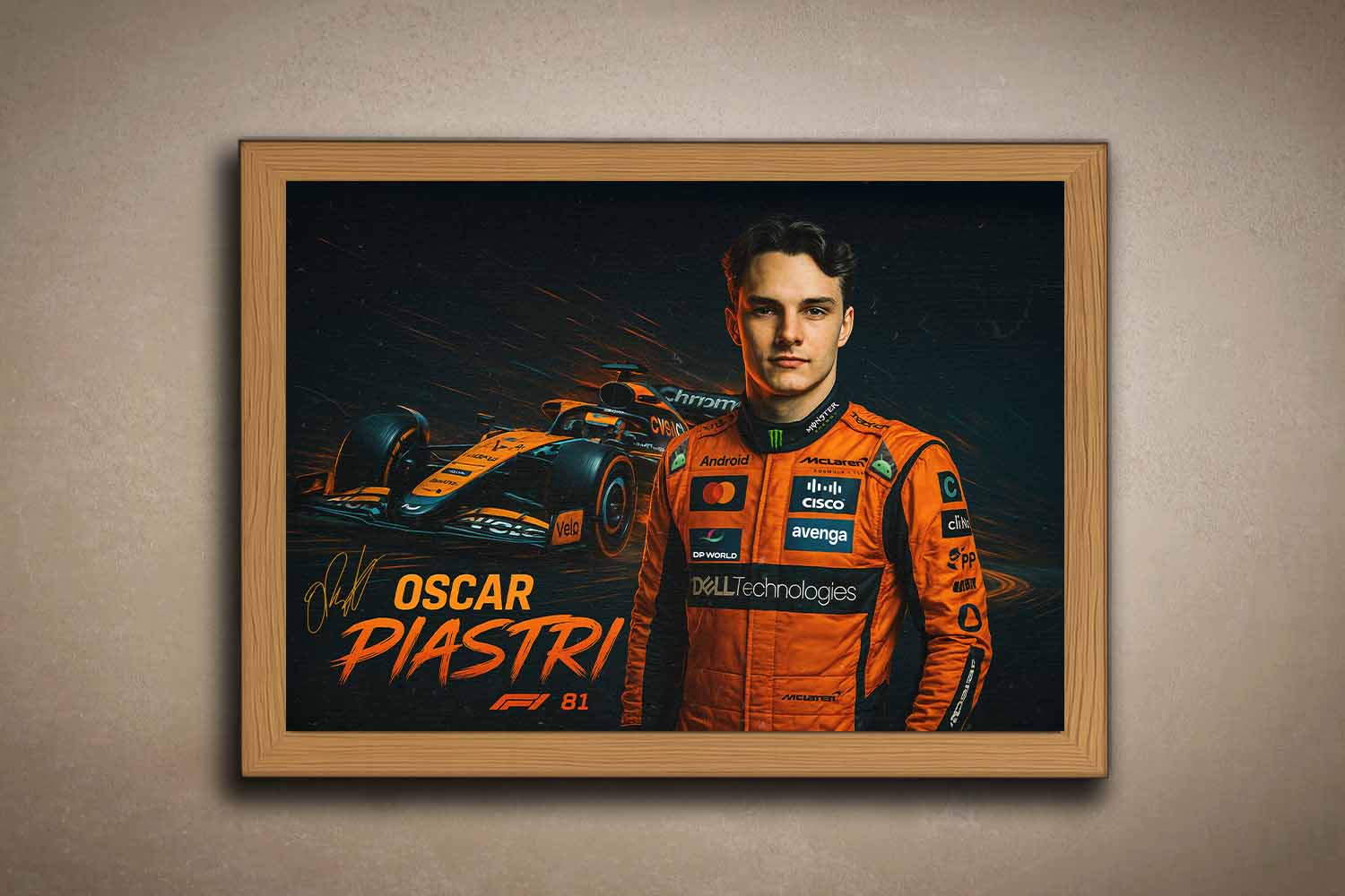 Oscar Piastri framed sports art print featuring his McLaren F1 car in motion — a premium piece of man cave wall décor for racing fans.