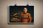 Unframed Oscar Piastri sports wall art featuring McLaren F1 racer in signature orange suit — perfect for bold, modern man cave wall décor.