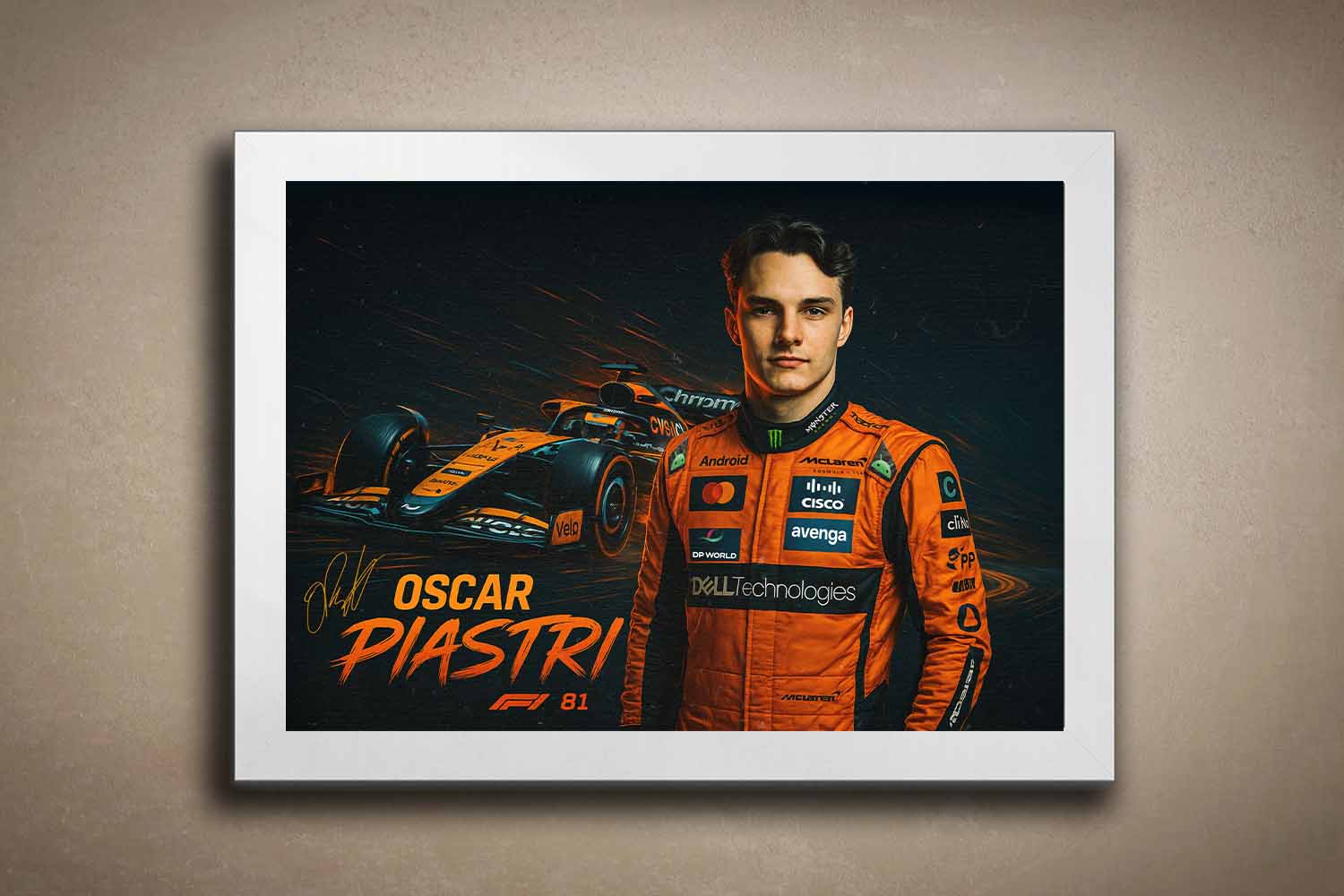 Oscar Piastri white-framed sports wall art featuring McLaren F1 car and signature — a bold tribute for any premium man cave wall décor setup.