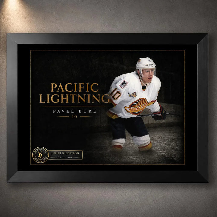 Black framed Pacific Lightning Pavel Bure hockey wall art featuring him in Vancouver’s white number 10 uniform.