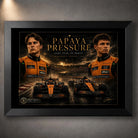 Black framed Papaya Pressure Piastri vs Norris motorsport wall art featuring two McLaren drivers and race cars.