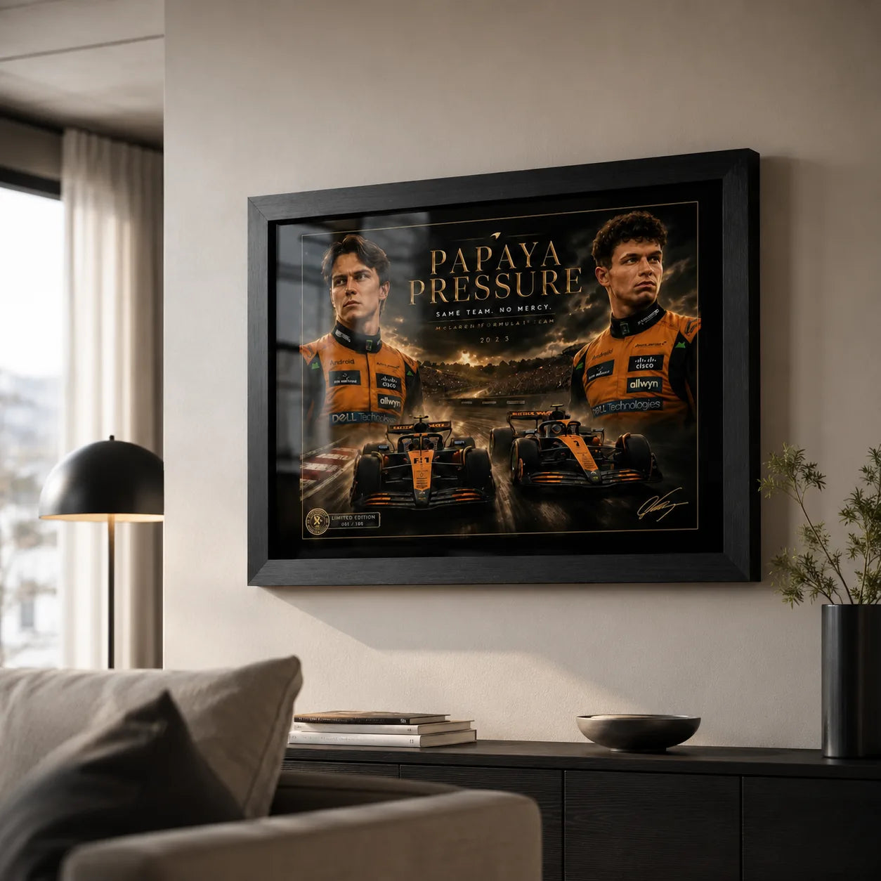 Papaya Pressure Piastri vs Norris wall art displayed in a modern living room above a dark console.