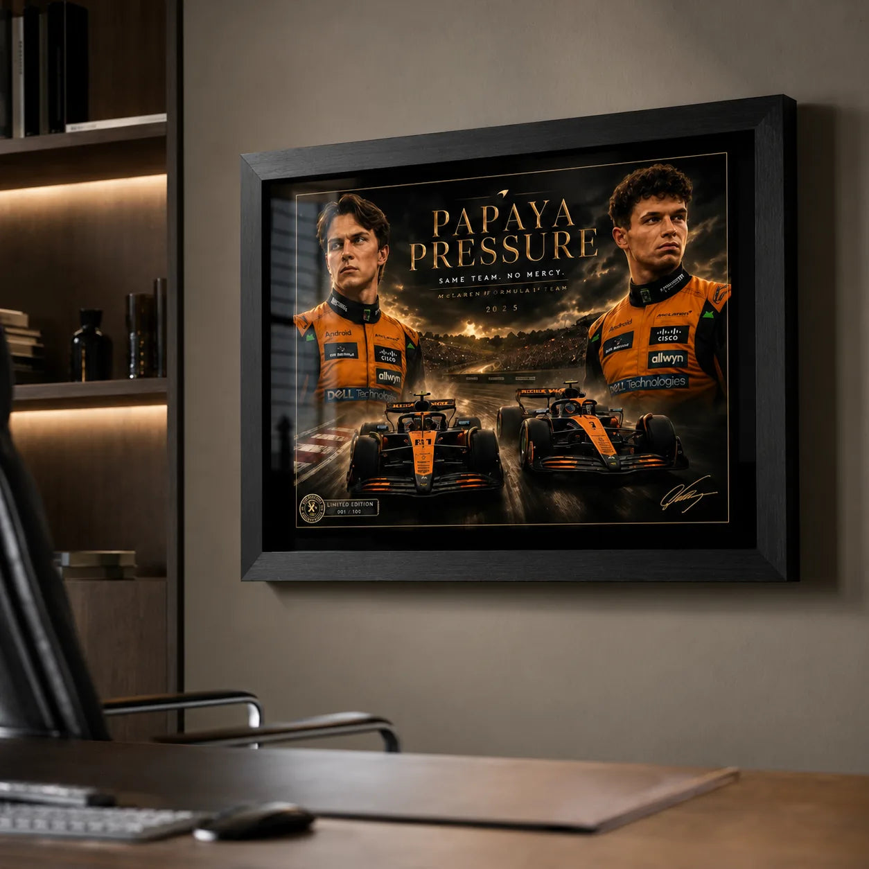 Papaya Pressure McLaren rivalry wall art displayed in a modern office above a timber desk.