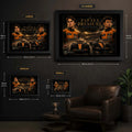 Papaya Pressure wall art size guide showing small, medium, large and extra-large framed dimensions.