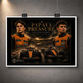 Unframed Papaya Pressure Piastri vs Norris motorsport wall art shown as a print with a white border.