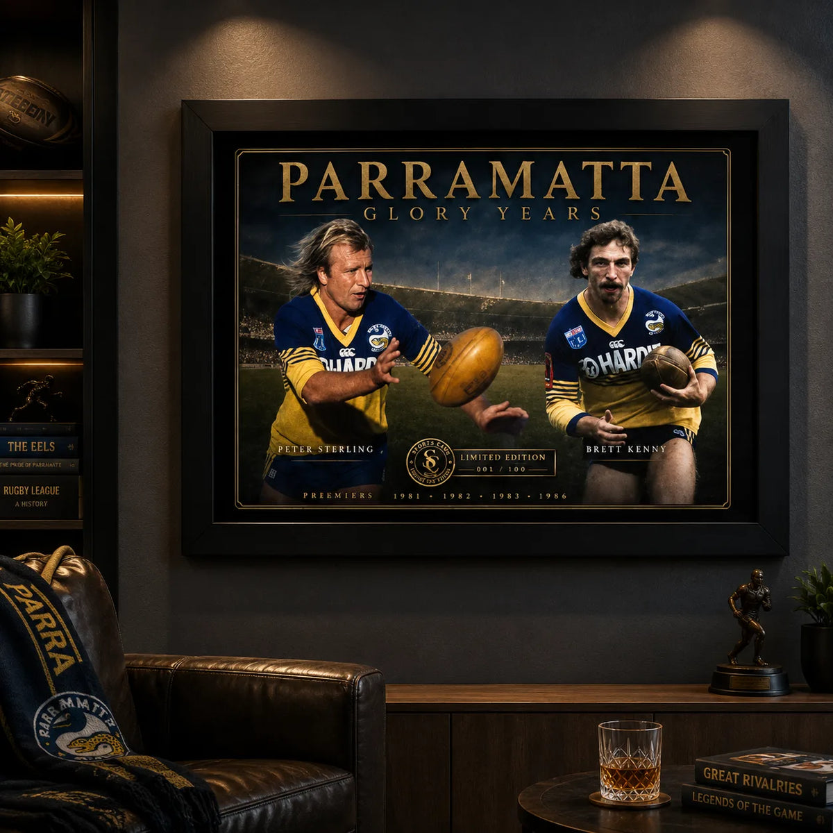 Peter Sterling and Brett Kenny Parramatta wall art displayed in a dark man cave with blue-and-gold collector styling.