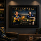 Peter Sterling and Brett Kenny Parramatta wall art displayed in a dark man cave with blue-and-gold collector styling.