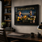 Parramatta Glory Years wall art featuring Peter Sterling and Brett Kenny displayed in a modern office.