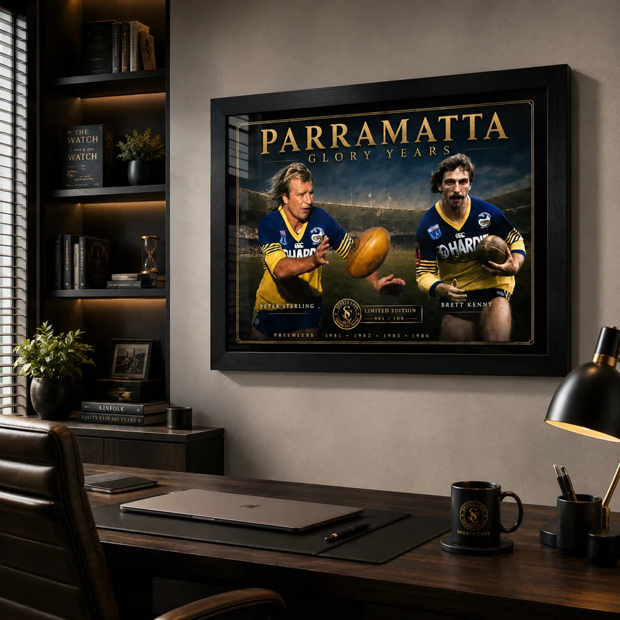 Parramatta Glory Years wall art featuring Peter Sterling and Brett Kenny displayed in a modern office.