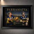 Black framed Parramatta Glory Years wall art featuring Peter Sterling and Brett Kenny in blue and gold.