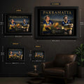 Parramatta Glory Years wall art size guide showing framed Small, Medium, Large and X Large dimensions.