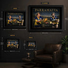 Parramatta Glory Years wall art size guide showing framed Small, Medium, Large and X Large dimensions.