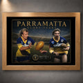 Oak framed Parramatta Glory Years wall art featuring Peter Sterling and Brett Kenny in classic blue and gold.