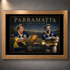 Oak framed Parramatta Glory Years wall art featuring Peter Sterling and Brett Kenny in classic blue and gold.