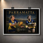 Unframed Parramatta Glory Years wall art featuring Peter Sterling and Brett Kenny against a stadium backdrop.
