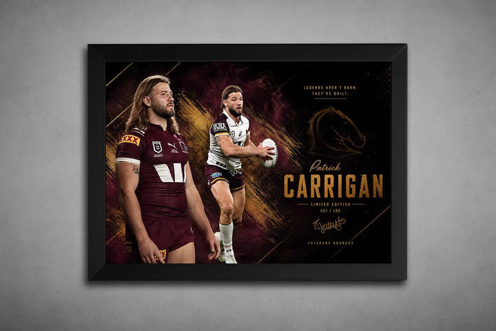 Patrick Carrigan Brisbane Broncos action portrait in black frame, premium rugby sports wall art for bold interiors