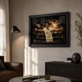 Pat Cummins cricket wall art in a black frame displayed in a warm modern living room with natural window light.