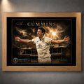 Pat Cummins The Captain’s Roar cricket wall art shown in a premium oak frame against a textured grey wall.