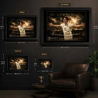 Pat Cummins framed cricket wall art size guide showing Small, Medium, Large and XL dimensions in centimetres and inches.
