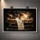 Unframed Pat Cummins The Captain’s Roar cricket wall art print displayed with clips against a textured grey wall.