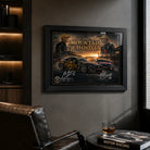 Payne vs Feeney motorsport wall art in a dark man cave with shelving and motor racing decor.