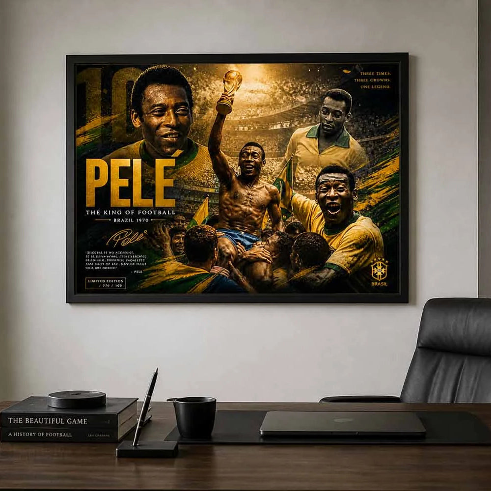 Pelé Brazil 1970 framed artwork in a modern office setting, framed sports memorabilia adding prestige and legacy.