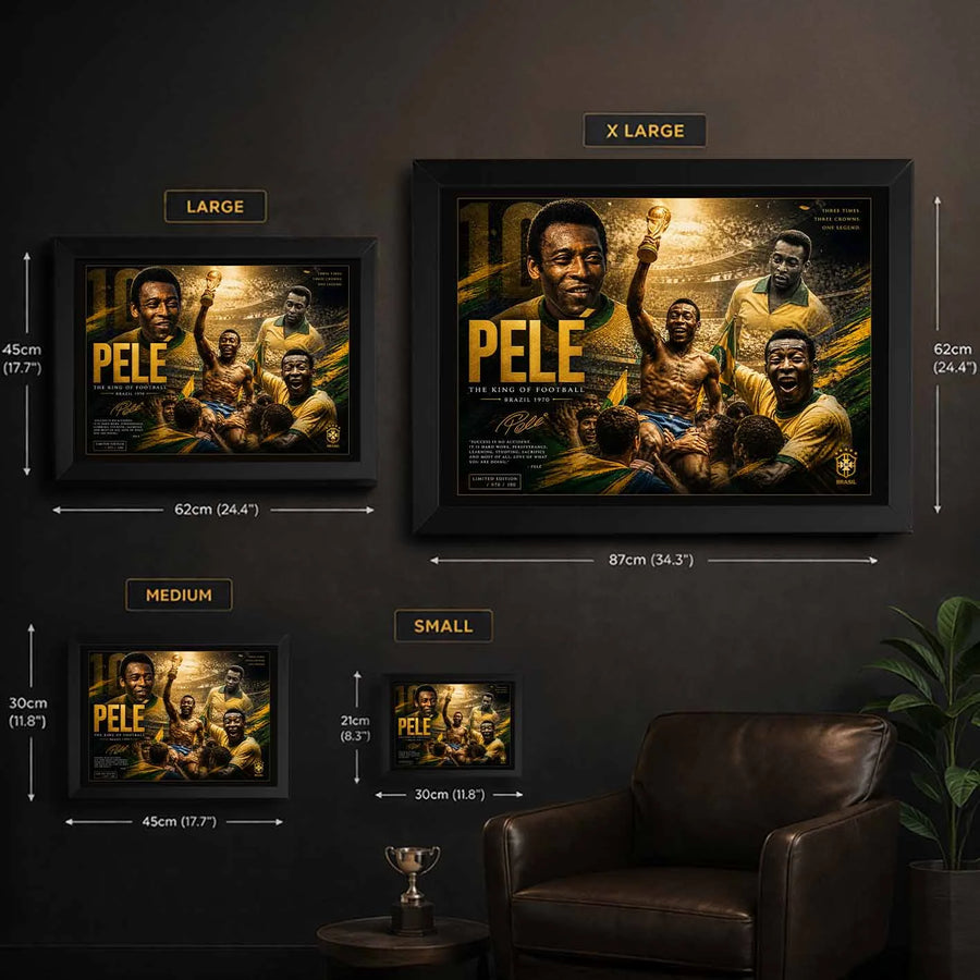 Pelé Brazil 1970 size guide showing multiple frame dimensions, helpful view for choosing sports wall art fit.
