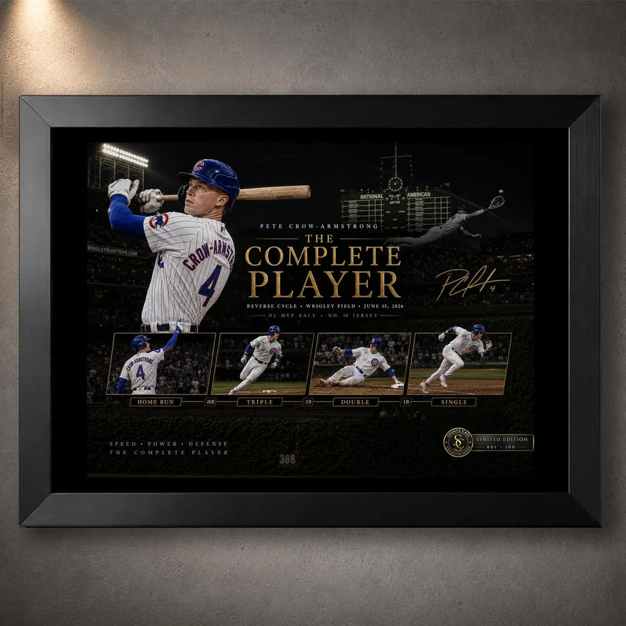 Black framed Pete Crow-Armstrong baseball wall art featuring The Complete Player cycle tribute at Wrigley Field.