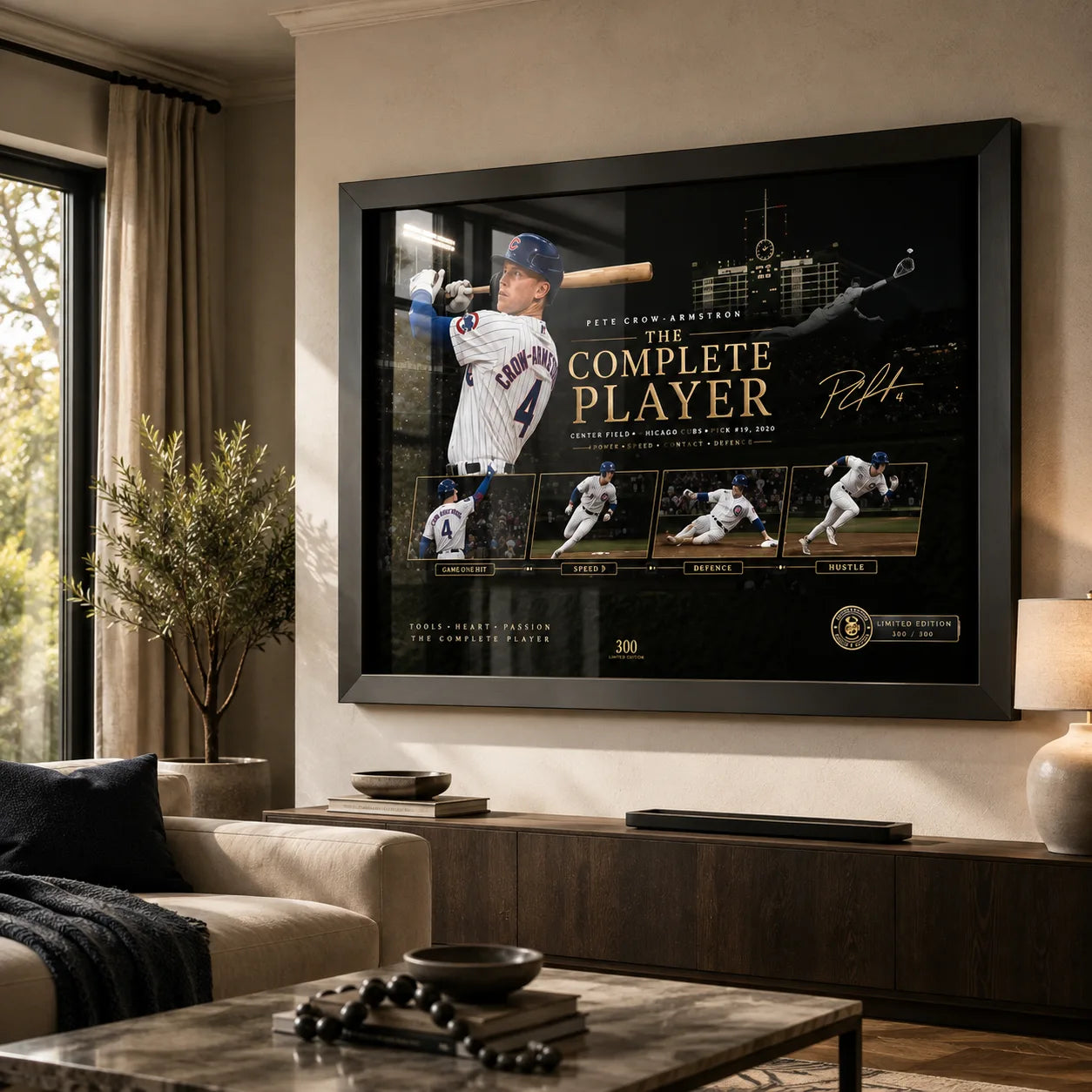 Pete Crow-Armstrong wall art displayed in a warm premium living room with a black frame and natural daylight.