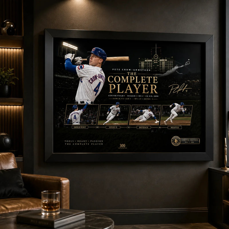 Black framed Pete Crow-Armstrong baseball wall art displayed in a dark premium man cave with focused lighting.