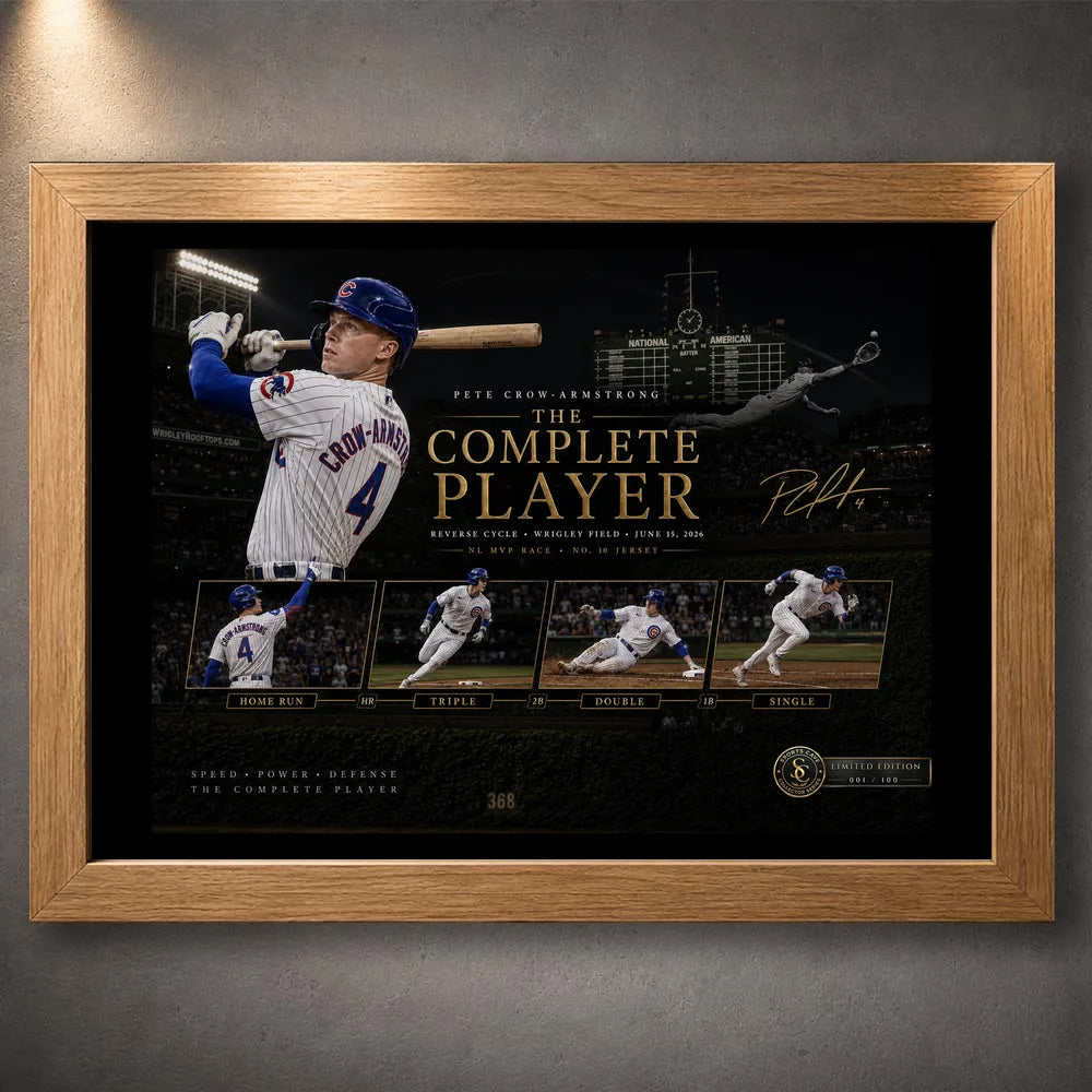 Oak framed Pete Crow-Armstrong baseball wall art featuring The Complete Player reverse-cycle design.