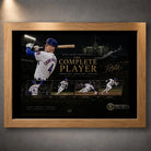 Oak framed Pete Crow-Armstrong baseball wall art featuring The Complete Player reverse-cycle design.