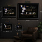 Pete Crow-Armstrong wall art size guide showing Small, Medium, Large and X Large framed dimensions.