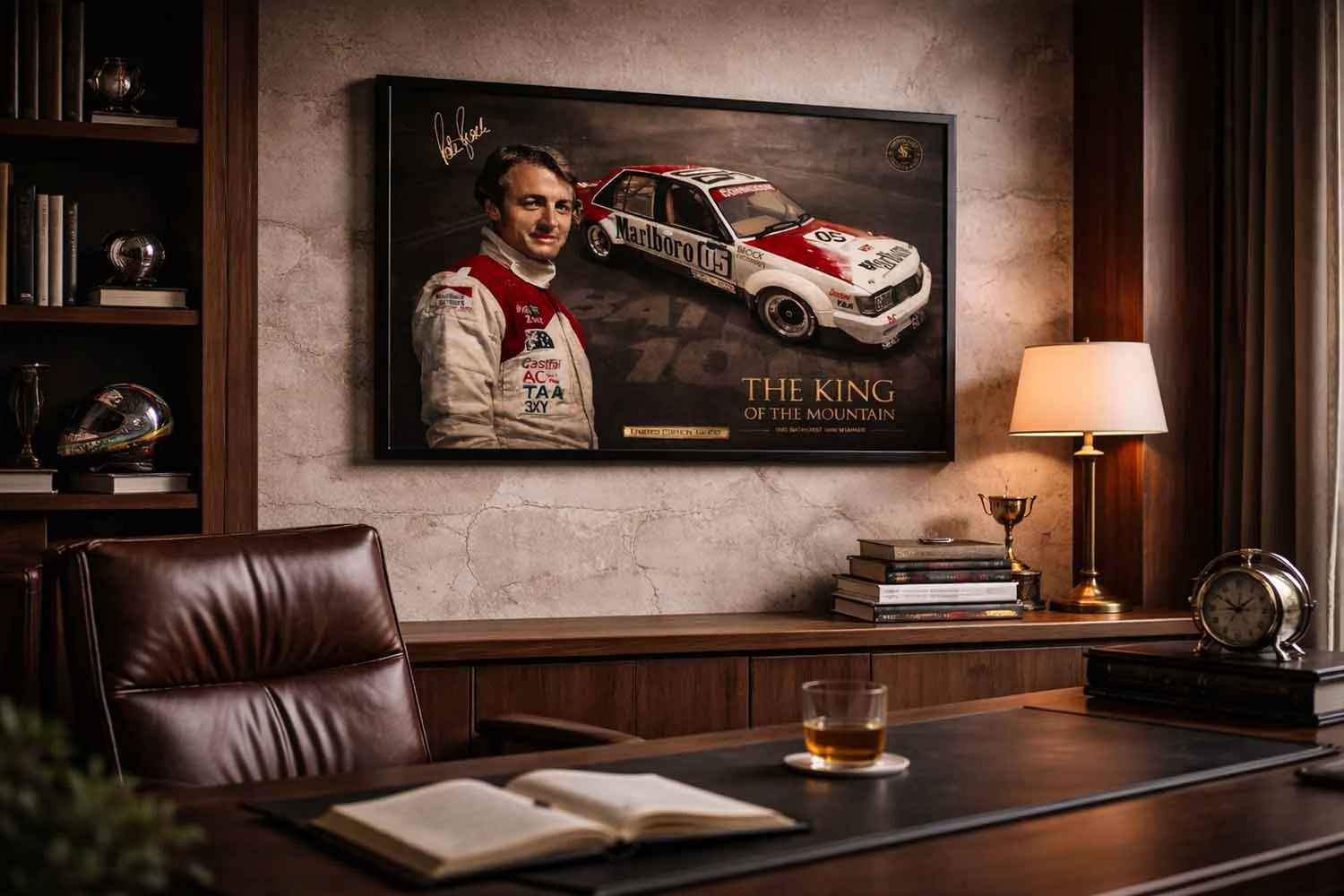 Peter Brock Bathurst 1000 Holden Commodore black-framed print in executive office, limited edition sports prints vibe.