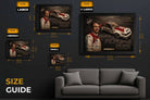 Size guide showing Peter Brock Bathurst 1000 framed sports art dimensions for small, medium, large and XL wall display.