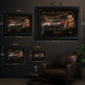 Peter Brock motorsport wall art size guide displaying small, medium, large, and extra large framed racing poster dimensions for man cave decor.