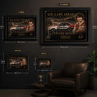 Peter Brock motorsport wall art size guide displaying small, medium, large, and extra large framed racing poster dimensions for man cave decor.
