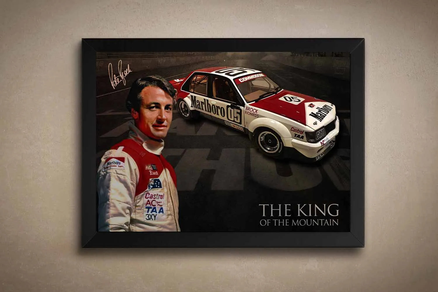 Peter Brock King of the Mountain VK Commodore black framed wall art product shot.