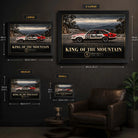 Peter Brock King of the Mountain wall art size guide comparing Small, Medium, Large and Extra Large framed prints.