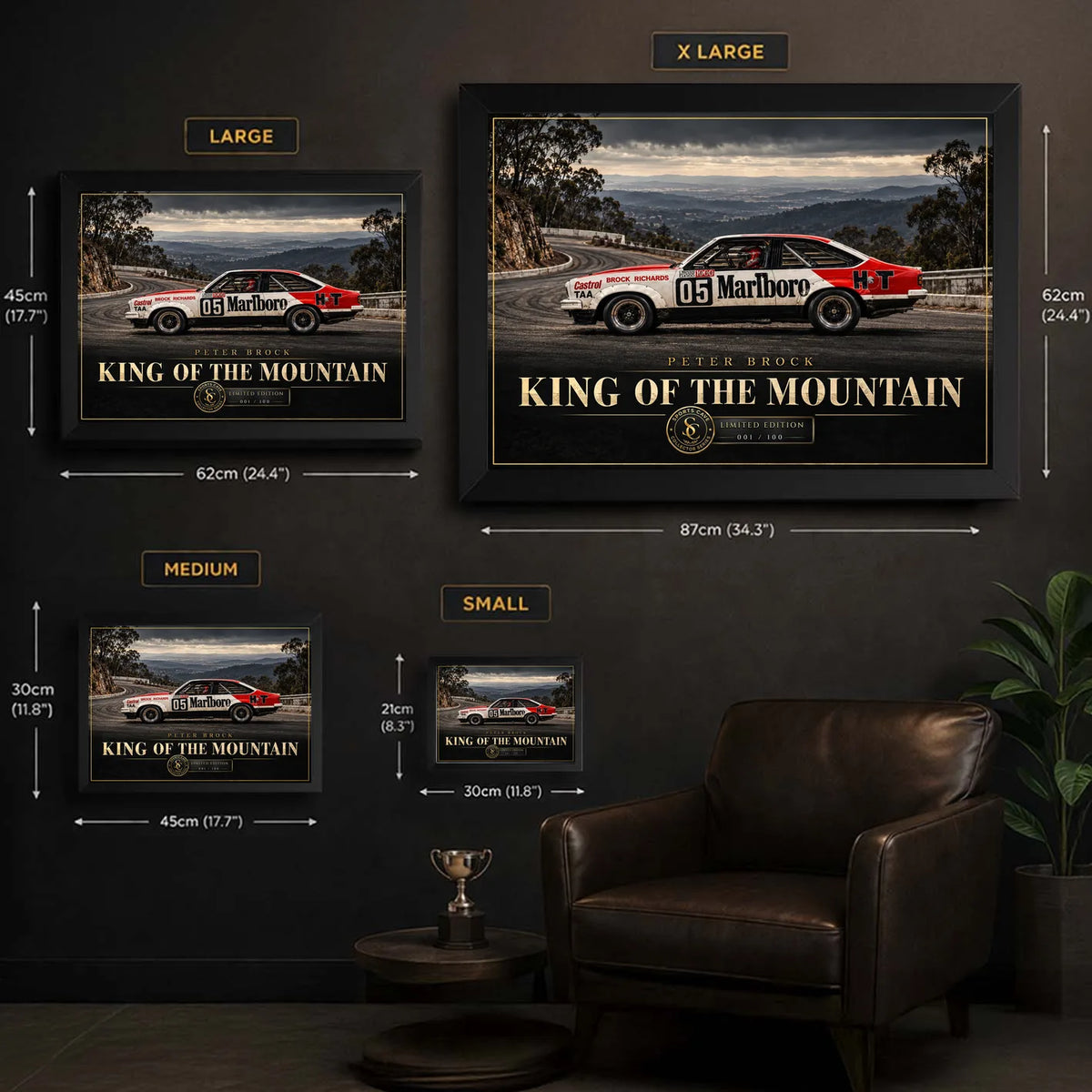 Peter Brock King of the Mountain wall art size guide comparing Small, Medium, Large and Extra Large framed prints.