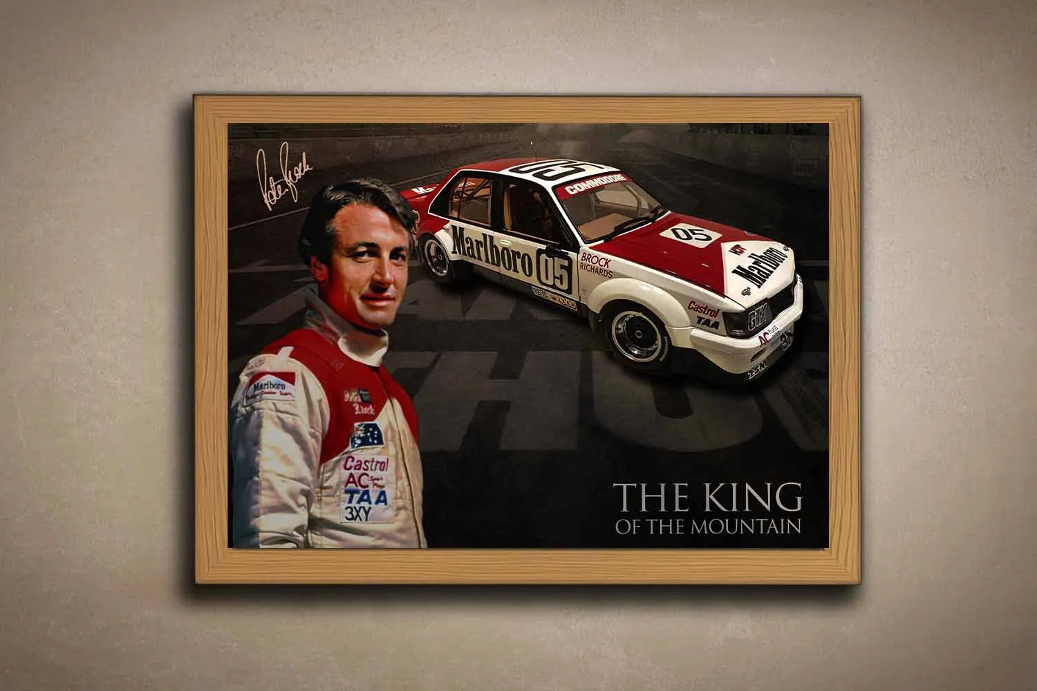 Peter Brock King of the Mountain VK Commodore limited edition wall art in oak frame.