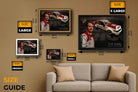 Peter Brock King of the Mountain wall art size guide showing small medium large and extra.