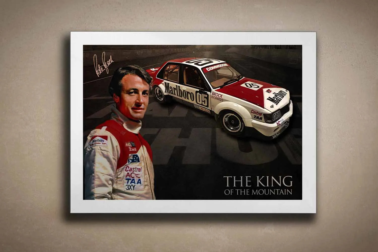Peter Brock King of the Mountain VK Commodore limited edition wall art in white frame.