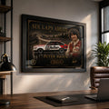 Peter Brock framed sports memorabilia displayed in a premium office with cinematic lighting and black timber frame.