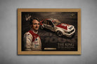 Oak-framed Peter Brock Bathurst 1000 Holden Commodore wall print, framed sports memorabilia on concrete backdrop.