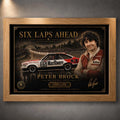Peter Brock Six Laps Ahead artwork in an oak frame, framed sports art celebrating Bathurst 1979 racing history.
