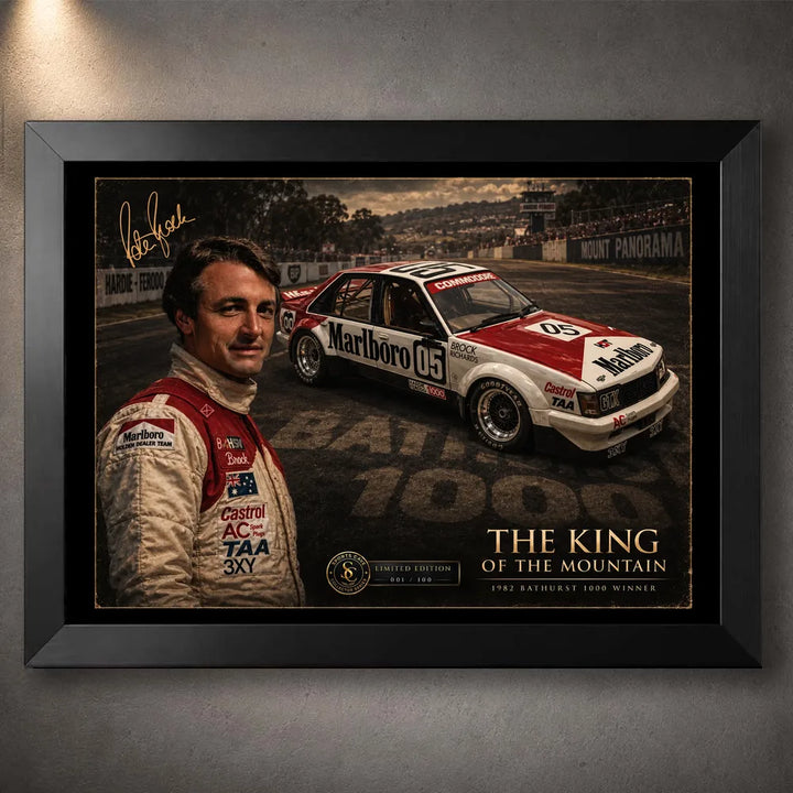 Peter Brock Tribute motorsport wall art in a black frame, featuring Brock, race car number 05 and Mount Panorama.