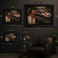 Peter Brock Tribute framed motorsport wall art size guide showing Small, Medium, Large and X Large display proportions.