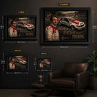 Peter Brock Tribute framed motorsport wall art size guide showing Small, Medium, Large and X Large display proportions.